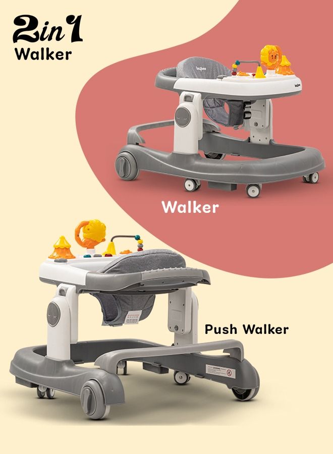 Astro 2 In 1 Baby Walker Round Kids Walker With 3 Adjustable Height Musical Toy Bar Baby Push Walker With Speed Adjustable Wheels Walker For Baby 6 To 24 Months Boys Girls Grey