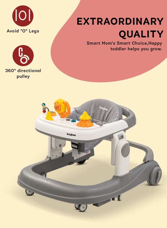 Astro 2 In 1 Baby Walker Round Kids Walker With 3 Adjustable Height Musical Toy Bar Baby Push Walker With Speed Adjustable Wheels Walker For Baby 6 To 24 Months Boys Girls Grey