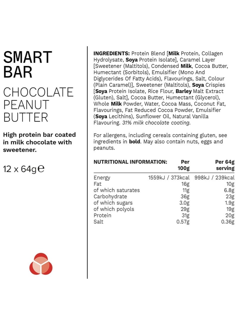 PHD Smart Bar, High Protein Low Sugar Bar, Choc Peanut Butter Flavour - 20g protein, 2.2g sugar and Low Sugar - 12 pack to 64g per bar