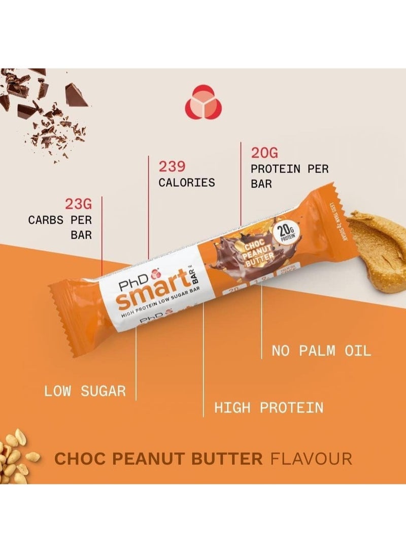 PHD Smart Bar, High Protein Low Sugar Bar, Choc Peanut Butter Flavour - 20g protein, 2.2g sugar and Low Sugar - 12 pack to 64g per bar