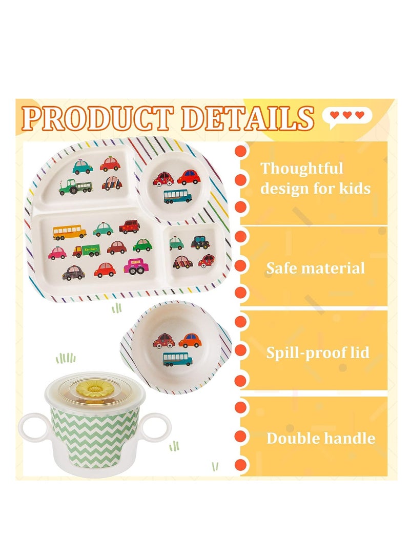 Bamboo Fiber Baby Dinnerware Set, Food Plate Bowl Cup Spoon Fork Set Dishware, BPA Free Dishwasher Safe Cartoon Tableware for Kids, Set of 5 Pcs, Car Pattern