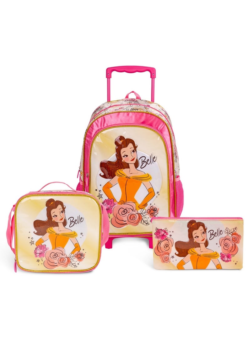 Princess  18 Inch Kids 3-in-1 Trolley School Bag Set - Ergonomic Backpack, Insulated Lunch Bag & Pencil Case,Lightweight, Durable, Students 6+ - Perfect for Travel & School,For Girls