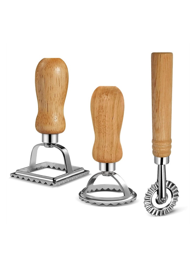 Ravioli Maker Stamp Cutter with Roller Wheel Set Pasta Maker Mold with Wooden Handle and Fluted Edge for Ravioli Pasta Dumplings Lasagna Pierogi Set of 3