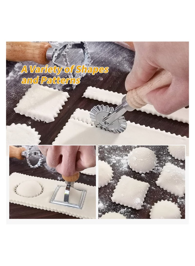 Ravioli Maker Stamp Cutter with Roller Wheel Set Pasta Maker Mold with Wooden Handle and Fluted Edge for Ravioli Pasta Dumplings Lasagna Pierogi Set of 3