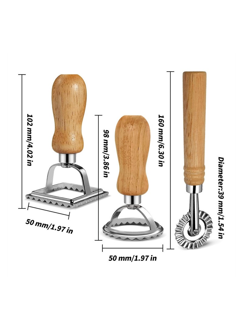 Ravioli Maker Stamp Cutter with Roller Wheel Set Pasta Maker Mold with Wooden Handle and Fluted Edge for Ravioli Pasta Dumplings Lasagna Pierogi Set of 3