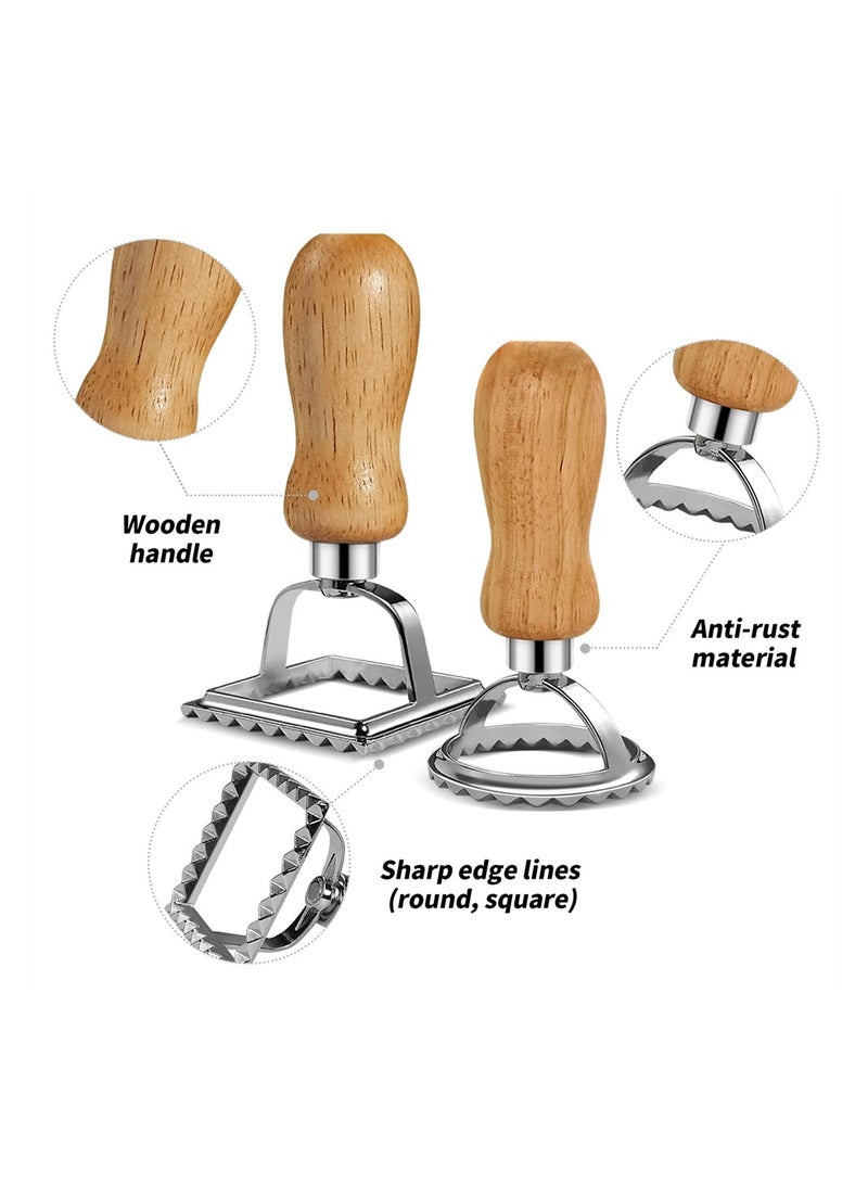 Ravioli Maker Stamp Cutter with Roller Wheel Set Pasta Maker Mold with Wooden Handle and Fluted Edge for Ravioli Pasta Dumplings Lasagna Pierogi Set of 3