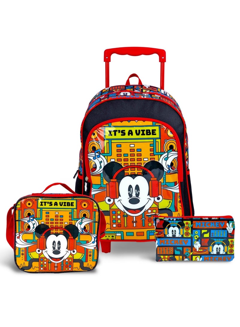 Mickey Mouse  16 Inch Kids 3-in-1 Trolley School Bag Set - Ergonomic Backpack, Insulated Lunch Bag & Pencil Case,Lightweight, Durable, Students 6+ - Perfect for Travel & School,For Boys