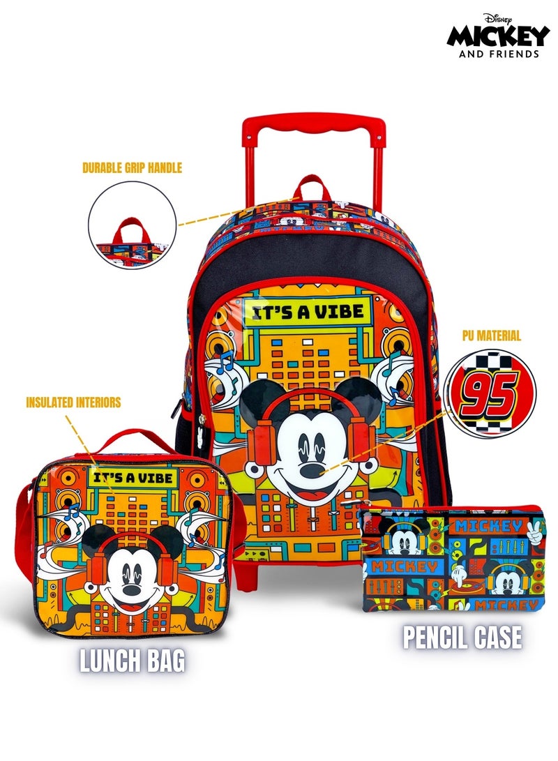 Mickey Mouse  16 Inch Kids 3-in-1 Trolley School Bag Set - Ergonomic Backpack, Insulated Lunch Bag & Pencil Case,Lightweight, Durable, Students 6+ - Perfect for Travel & School,For Boys