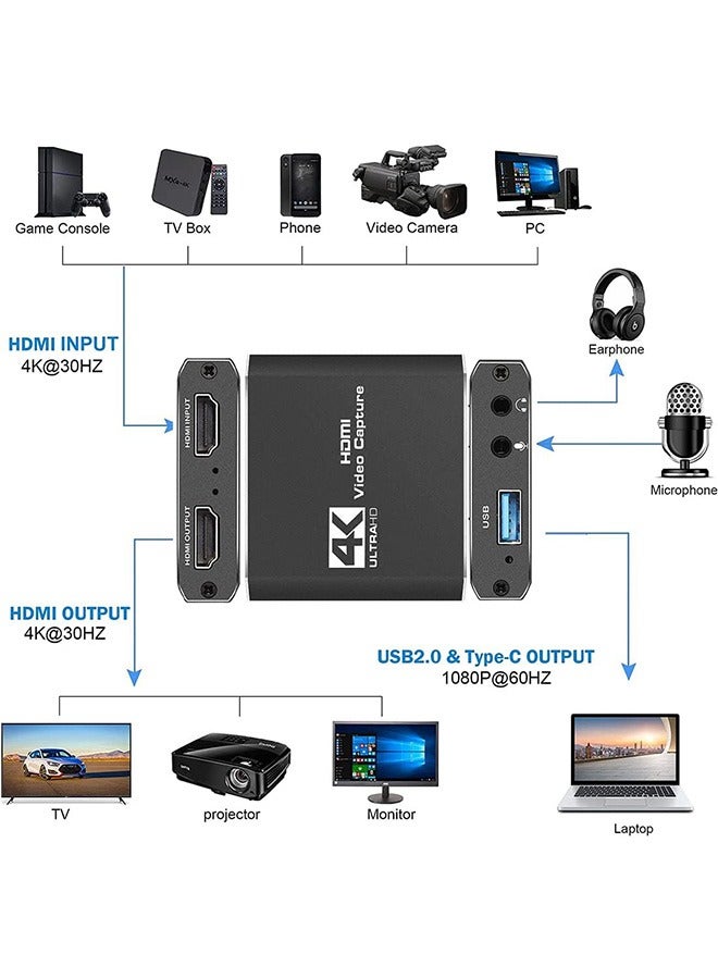 Capture Card, Audio Video Capture Card with Microphone 4K HDMI Loop-Out, 1080p 60fps Video Recorder for Gaming/Live Streaming/Video Conference, Works for Nintendo Switch/PS4/OBS/Camera/PC