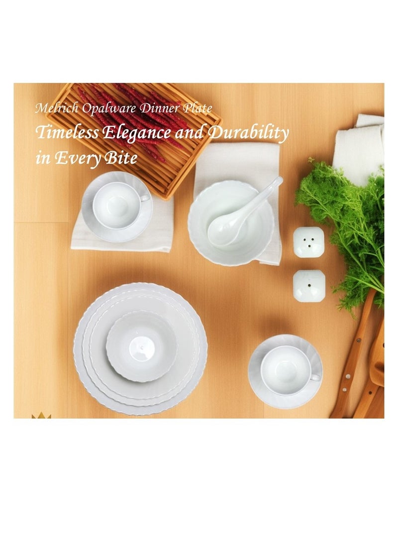 Melrich 50 Piece Opalware Dinnerware Set 6 Dinner plate 6 Dessert Plate 6 Soup Plate 6 Bowl 6 Cup 6 Saucer 6 Soup spoon 2 Shaker 2 Curry Ladle 2 Curry Bowl 1 Serving Plate 1 Serving Bowl