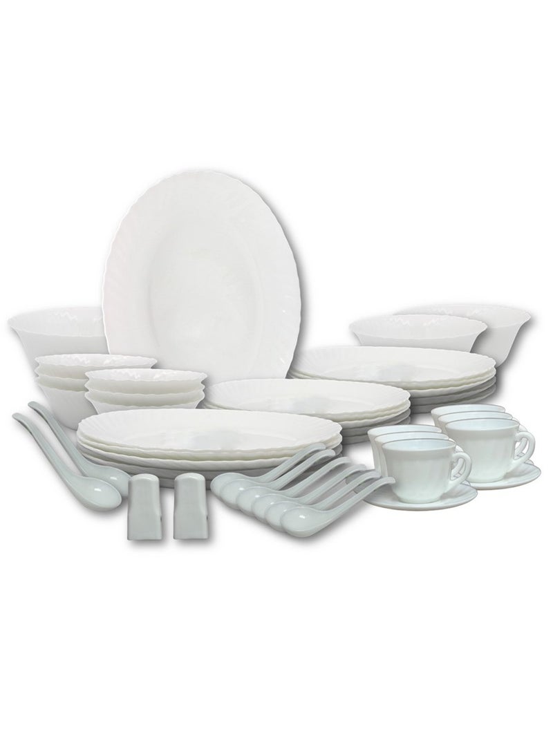 Melrich 50 Piece Opalware Dinnerware Set 6 Dinner plate 6 Dessert Plate 6 Soup Plate 6 Bowl 6 Cup 6 Saucer 6 Soup spoon 2 Shaker 2 Curry Ladle 2 Curry Bowl 1 Serving Plate 1 Serving Bowl