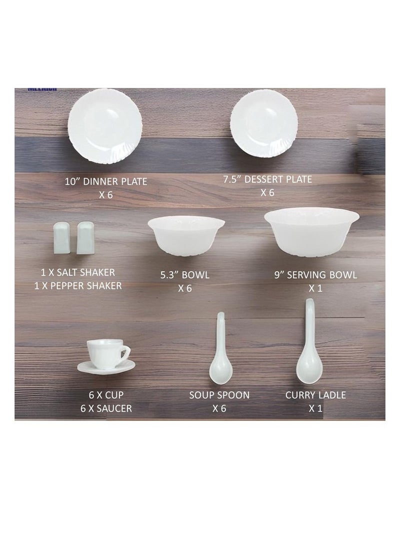 Melrich 50 Piece Opalware Dinnerware Set 6 Dinner plate 6 Dessert Plate 6 Soup Plate 6 Bowl 6 Cup 6 Saucer 6 Soup spoon 2 Shaker 2 Curry Ladle 2 Curry Bowl 1 Serving Plate 1 Serving Bowl