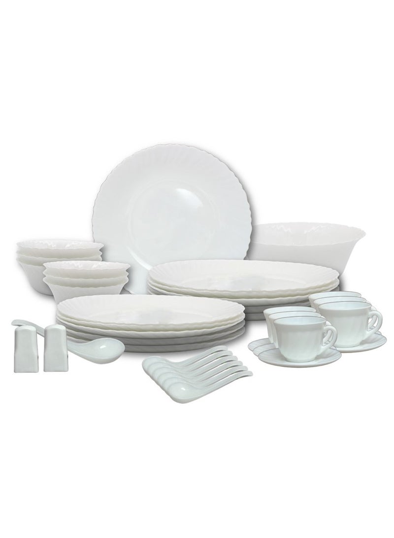 Melrich 40 Piece Opal ware Dinner Set 6 Dinner Plate 6 Dessert Plate 6 Bowls 6 Soup Spoon 6 Cup 6 Saucer 1 Salt Shaker 1 Pepper Shaker 1 Serving Bowl 1 Curry Ladle