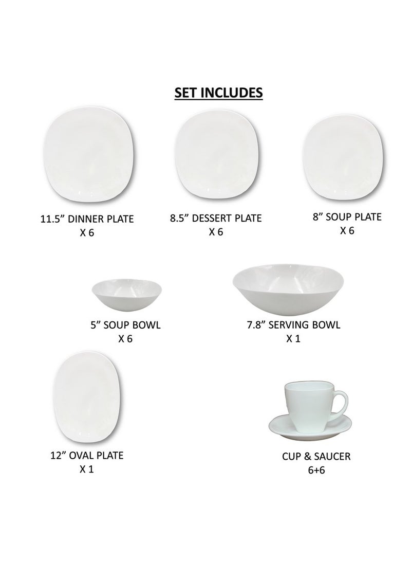 Melrich 38 Piece Opal ware Dinner Set 6 Dinner Plate 6 Dessert Plate 6 Soup Plate 6 Bowl 6 Cup 6 Saucer 1 Serving Plate 1 Serving Bowl Dishwasher Safe Microwave Safe