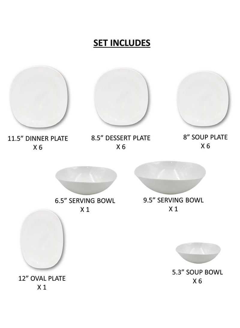 Melrich 27 Pcs Opal ware Dinner Set 6 Dinner plate 6 Dessert Plate 6 Soup Plate 1 Oval Plate 1 Serving Bowl 1 Medium Bowl 6 Bowls Dishwasher safe Microwave safe