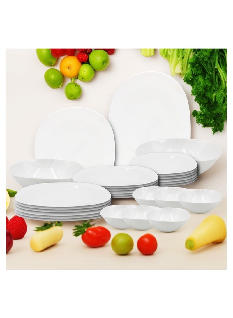 Melrich 27 Pcs Opal ware Dinner Set 6 Dinner plate 6 Dessert Plate 6 Soup Plate 1 Oval Plate 1 Serving Bowl 1 Medium Bowl 6 Bowls Dishwasher safe Microwave safe