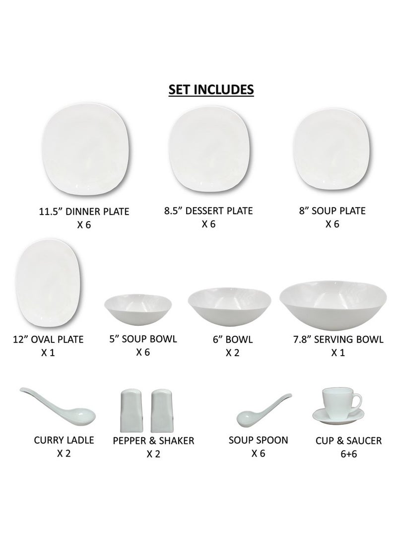 Melrich 50 Piece Opalware Dinner Set 6 Dinner plate 6 Dessert plate 6 Soup Plate 6 Bowl 6 Soup spoon 6 Cup 6 Saucer 2 Salt Pepper Shaker 1 Serving Plate 1 Serving Bowl 2 Medium Bowl 2 Curry Ladle