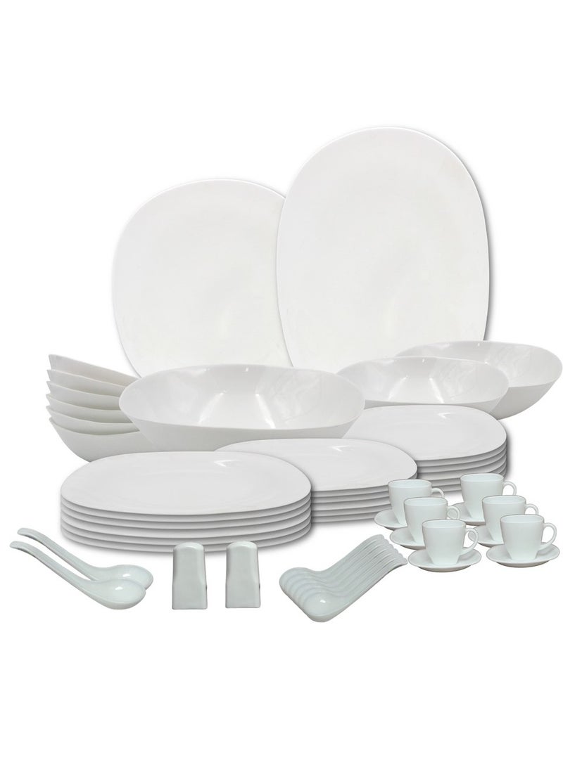 Melrich 50 Piece Opalware Dinner Set 6 Dinner plate 6 Dessert plate 6 Soup Plate 6 Bowl 6 Soup spoon 6 Cup 6 Saucer 2 Salt Pepper Shaker 1 Serving Plate 1 Serving Bowl 2 Medium Bowl 2 Curry Ladle