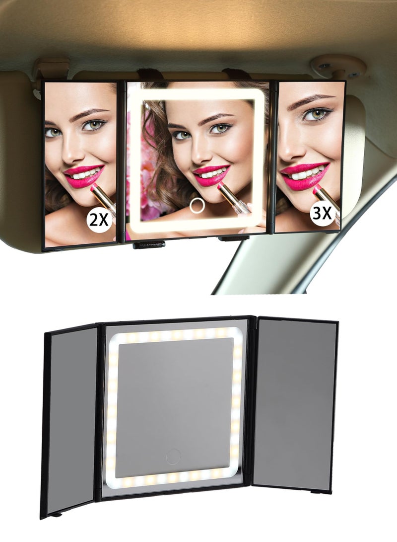 Car Sun Visor Makeup Mirror, Foldable Vanity Mirror with 3 Lights Modes Dimmable Touch Screen Rearview, Rechargeable Led Mirror Universal for Truck SUV, Gifts for Women