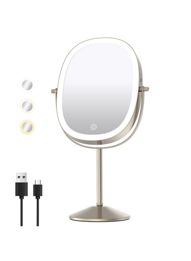 Lighted Makeup Mirror Oval 1X/7X Magnifying Mirror With Light 360° Rotation Touch Screen Vanity Mirror 3 Color Option Dimmable Double Sided Rechargeable Makeup Mirror With Magnification