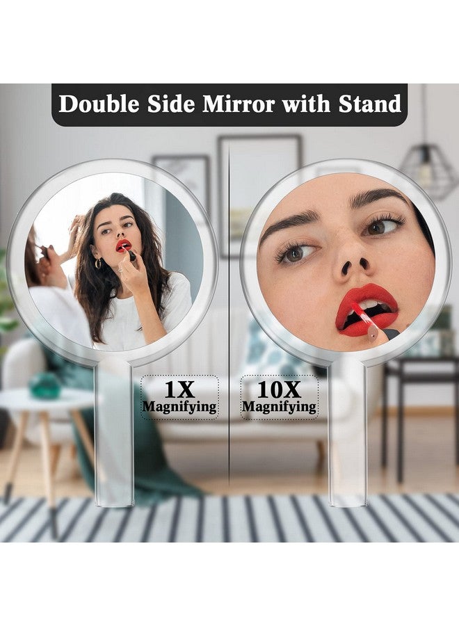 Doublesided Handheld Mirror With Stand 1X/10X Magnifying Mirror Clear Adjustable Round Shape 25.8 X 15 Cm