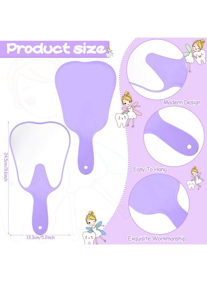 2 Pieces Tooth Shaped Handheld Mirror Cute Makeup Mirror Hand Held Plastic Dental Mirrors With Handle Cosmetic Hand Mirror For Women Men Girls And Kids (White Purple)