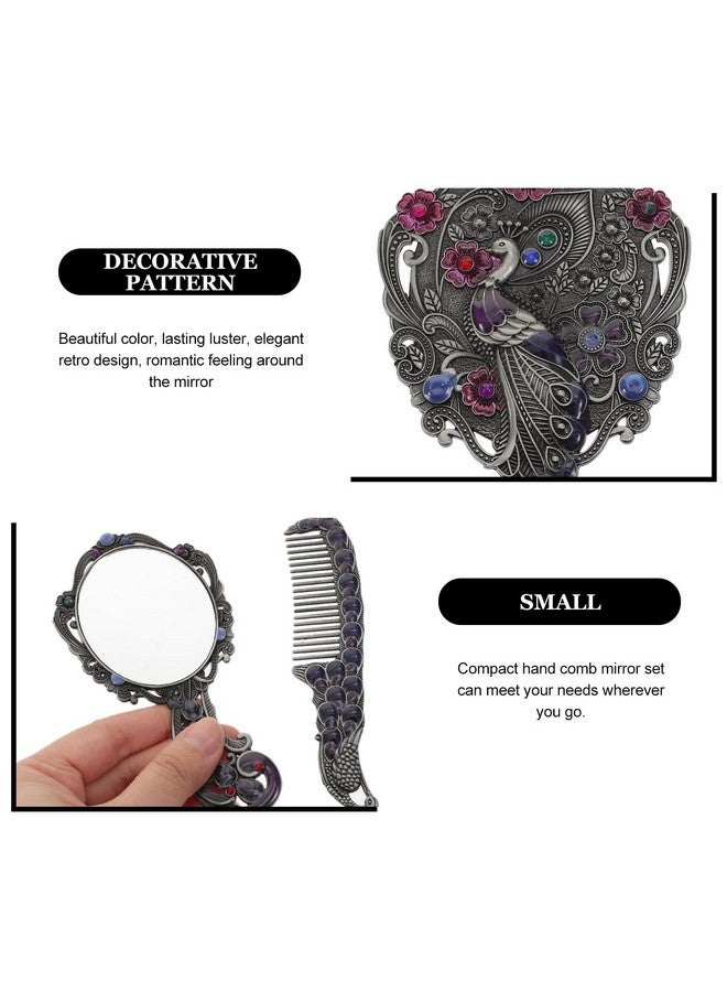 1 Set Antique Mirror Comb Set Vintage Metal Peacock Handheld Makeup Mirror Travel Dressing Table Princess Mirror Cosmetic Mirror Vanity Mirror Set With Comb For Women Salon