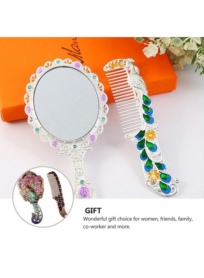 1 Set Antique Mirror Comb Set Vintage Metal Peacock Handheld Makeup Mirror Travel Dressing Table Princess Mirror Cosmetic Mirror Vanity Mirror Set With Comb For Women Salon