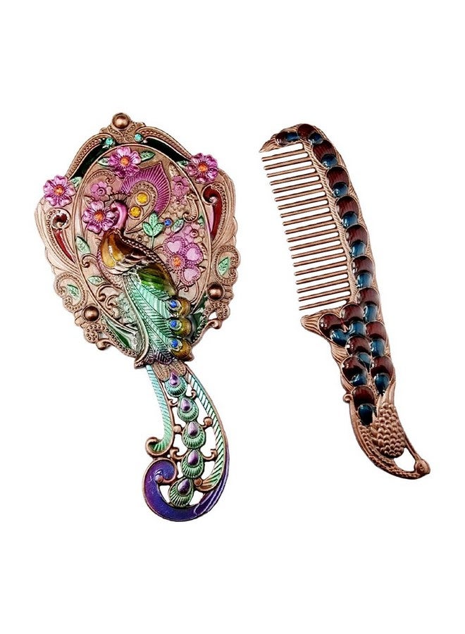 1 Set Antique Mirror Comb Set Vintage Metal Peacock Handheld Makeup Mirror Travel Dressing Table Princess Mirror Cosmetic Mirror Vanity Mirror Set With Comb For Women Salon