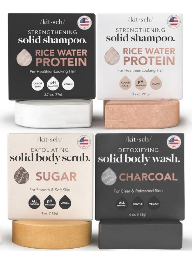 Kitsch Hair & Body Care Bar Set Kitsch Rice Water Shampoo & Conditioner Bar Charcoal Soap Body Wash Bar & Sugar Body Scrub Bar Vegan Strengthen Hair & Nourish Skin Paraben & Sulfate Free