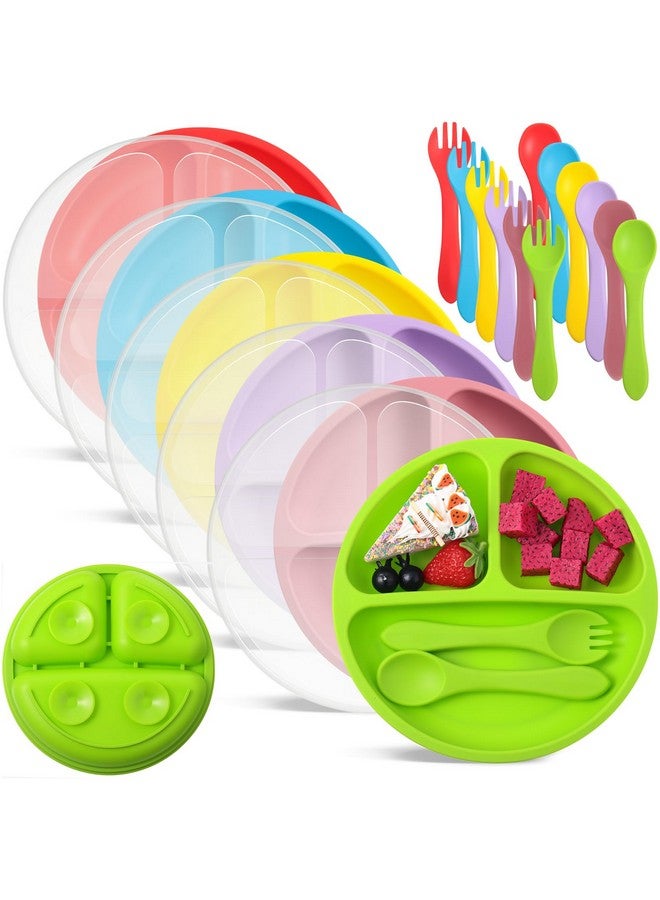 6 Pack Suction Plates With Lids Silicone Baby Plates Toddler Plates Divided Design Stay Put With Suction Feature Bpa Free Microwave And Dishwasher Safe Assorted Colors (Bright Colors)