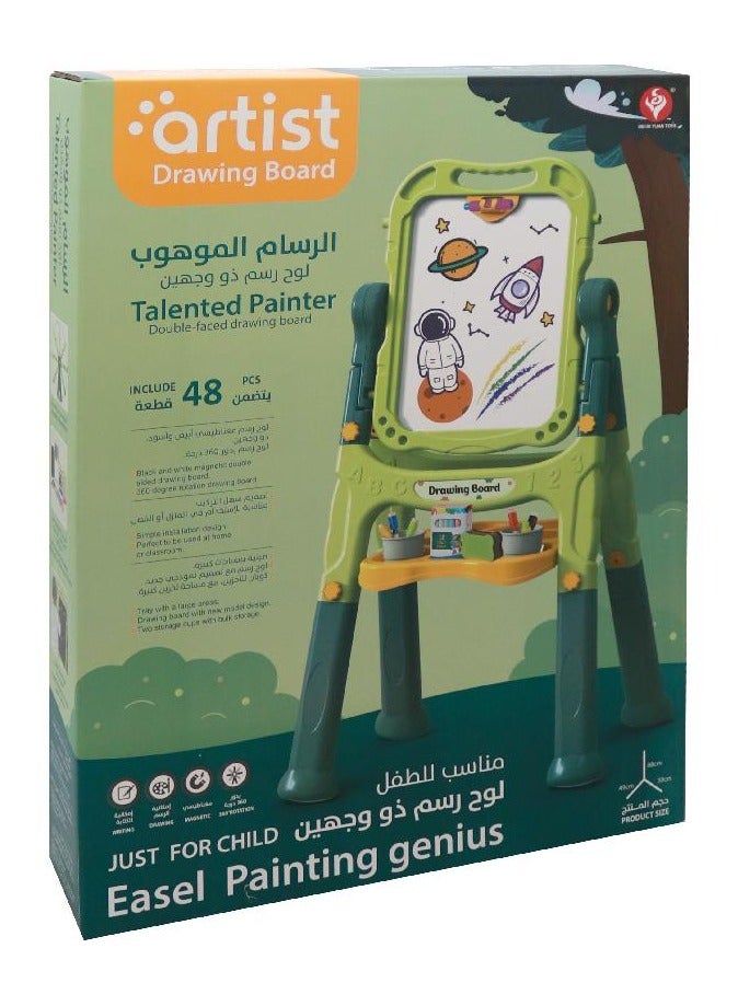 Artist Board for Kids Dual-Sided - Adjustable Standing & 360 Degree Rotation Art Easel for Toddlers with Accessories (48 Pcs) - Green