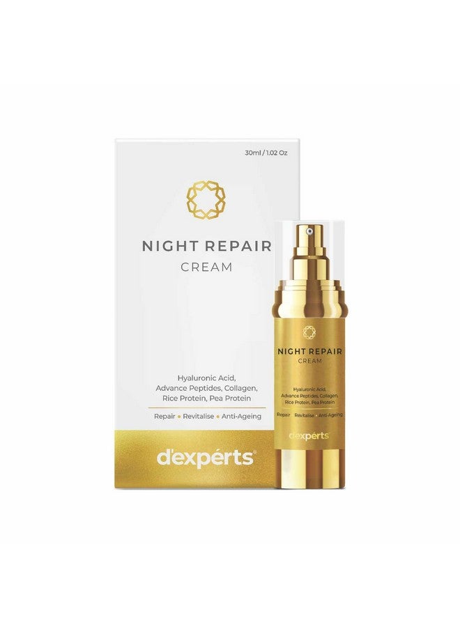 D'Experts Night Repair Cream With Hyaluronic Acid Collagen Peptides Rice & Pea Protein Reduces Fine Lines Wrinkles & Dark Spots Provides Even Skin Tone For Men & Women 30Ml