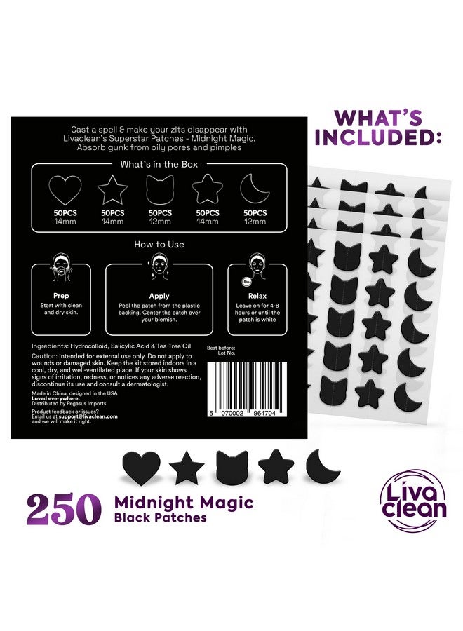 250Ct Star Pimple Patches Midnight Magic Black W/Salicylic Acid & Tea Tree Oil Pimple Patches For Face Hydrocolloid Acne Patches Cute Face Stickers Zit Patches