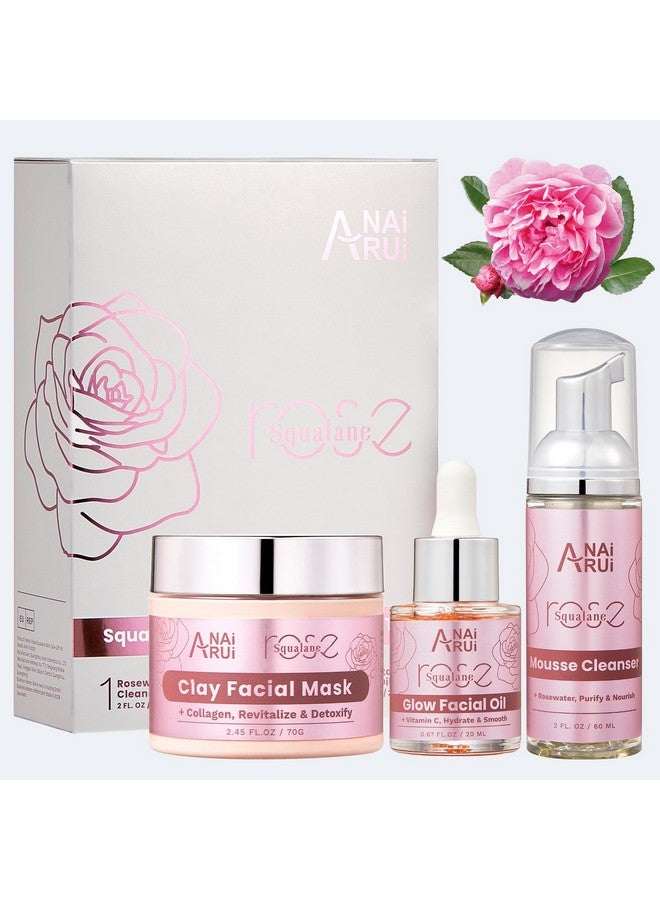 Anairui Skin Care Set Facial Kit For Women Rose & Squalane Face Wash And Moisturizer Set With Clay Mask Face Cleanser And Facial Oil Purify Hydrate Radiant Rose Travel Skincare Set