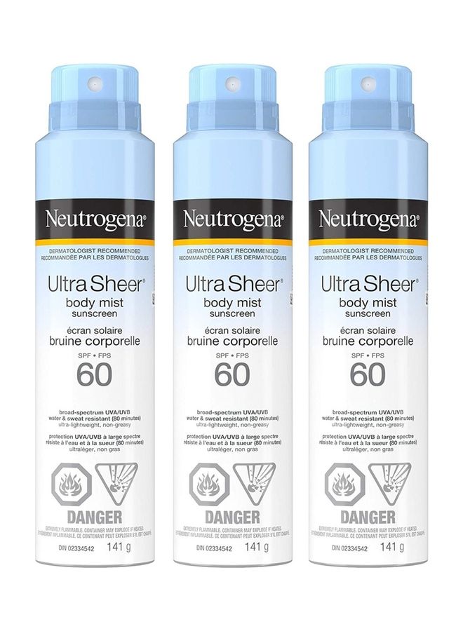 Ultra Sheer Body Mist Sunscreen SPF 60 Spray Pack Of 3 Light Blue 141grams