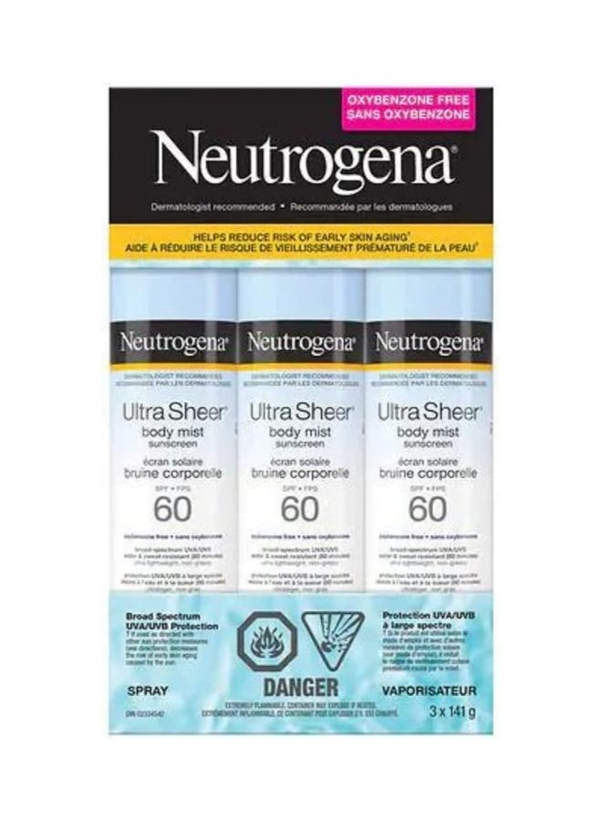 Ultra Sheer Body Mist Sunscreen SPF 60 Spray Pack Of 3 Light Blue 141grams