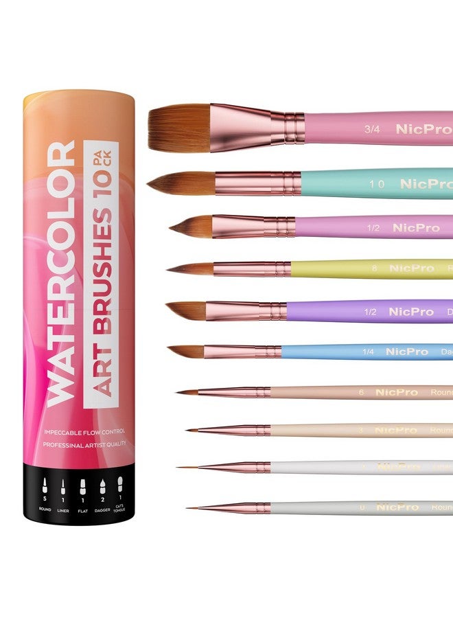 10Pcs Pastel Watercolor Brushes Set Professional Water Color Paint Brush Pointed Round Cat Tongue Liner Dagger Wash For Adult Beginers Watercolor Inks Gouache With Holder & Bag