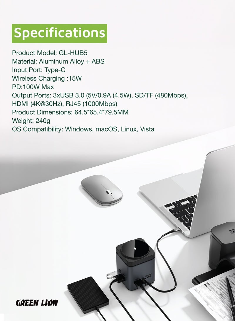 9 In 1 Type-C Hub Docking with Wireless MagSafe Charging Station 100W PD Type C to HDMI 4K Adapter, USB Hub 3.0 5Gbps Compatible MacBook Pro/Air 2023 M2/M1, iPad Pro/Air, HP, Dell, ASUS, Lenovo