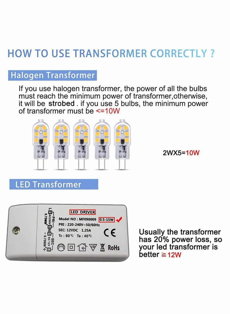 G4 2W LED Light Bulbs Cool White 6000K, AC/DC 12V, 200LM, Equivalent to G4 Capsule Halogen Bulb 10W-20W, G4 Bi-Pin 12V LED, Not Dimmable, 6pcs