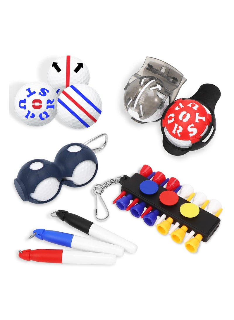 Golf Ball Marker, 6 Letter Stencils Kit, 3 Ball Markers Stencils, 3 Color Line Markers Pens, Triple Track Plastic Golf Ball Marking Alignment Tool Kit