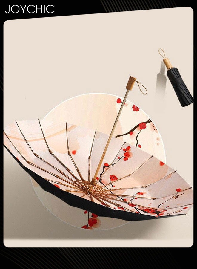 Women Retro Sun Proof Umbrella 16 Ribs Big Parasol For Travel Outdoor Black/Red
