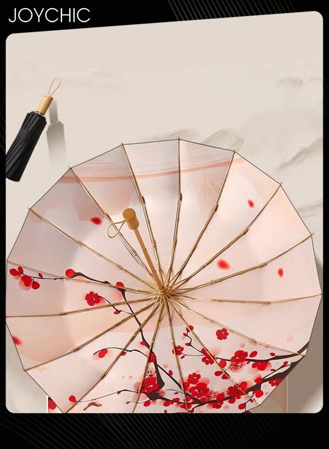 Women Retro Sun Proof Umbrella 16 Ribs Big Parasol For Travel Outdoor Black/Red