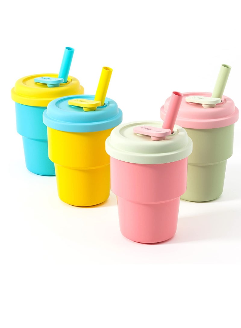 Kids Cups with Straws and Lids Kids Tumbler Set (4 Pack) BPA Free Toddler Straw Cups with Silicone Sleeves & Silicone Straws with Stopper, Spill proof cups for Kids, Smoothie Cups