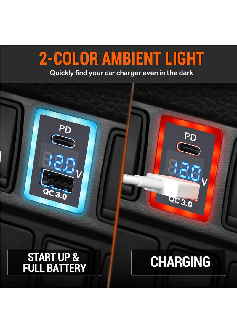 PD+QC3.0 Dual USB Car Charger Fit for Toyota, Type C USB Port Socket Fast Charging with LED Voltage Display & Frame Light, Car Power Socket Fit for Cellphone PDA Laptop GPS (1.3''×0.9'')