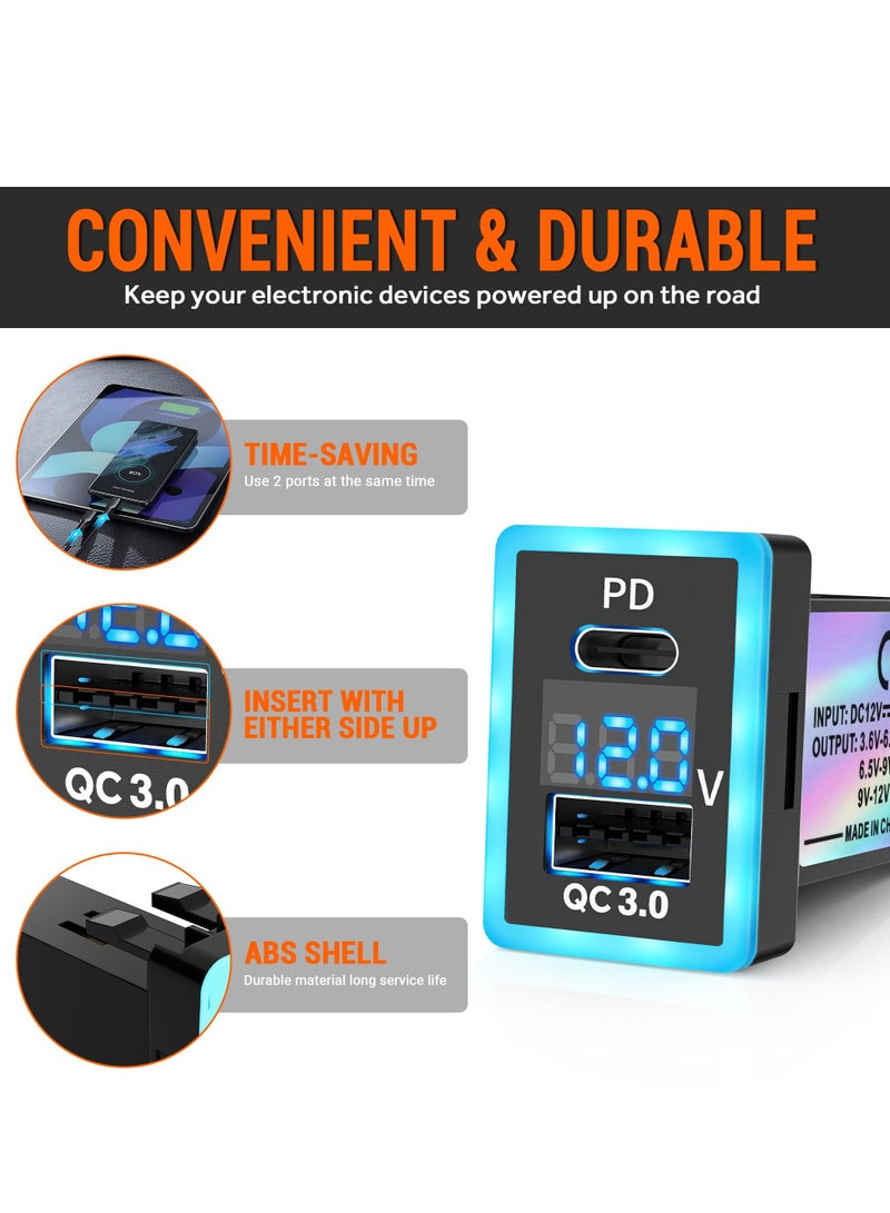 PD+QC3.0 Dual USB Car Charger Fit for Toyota, Type C USB Port Socket Fast Charging with LED Voltage Display & Frame Light, Car Power Socket Fit for Cellphone PDA Laptop GPS (1.3''×0.9'')