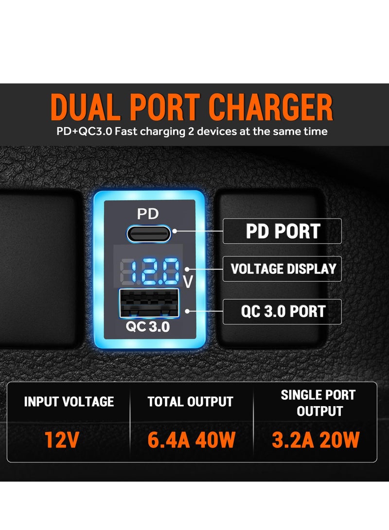 PD+QC3.0 Dual USB Car Charger Fit for Toyota, Type C USB Port Socket Fast Charging with LED Voltage Display & Frame Light, Car Power Socket Fit for Cellphone PDA Laptop GPS (1.3''×0.9'')