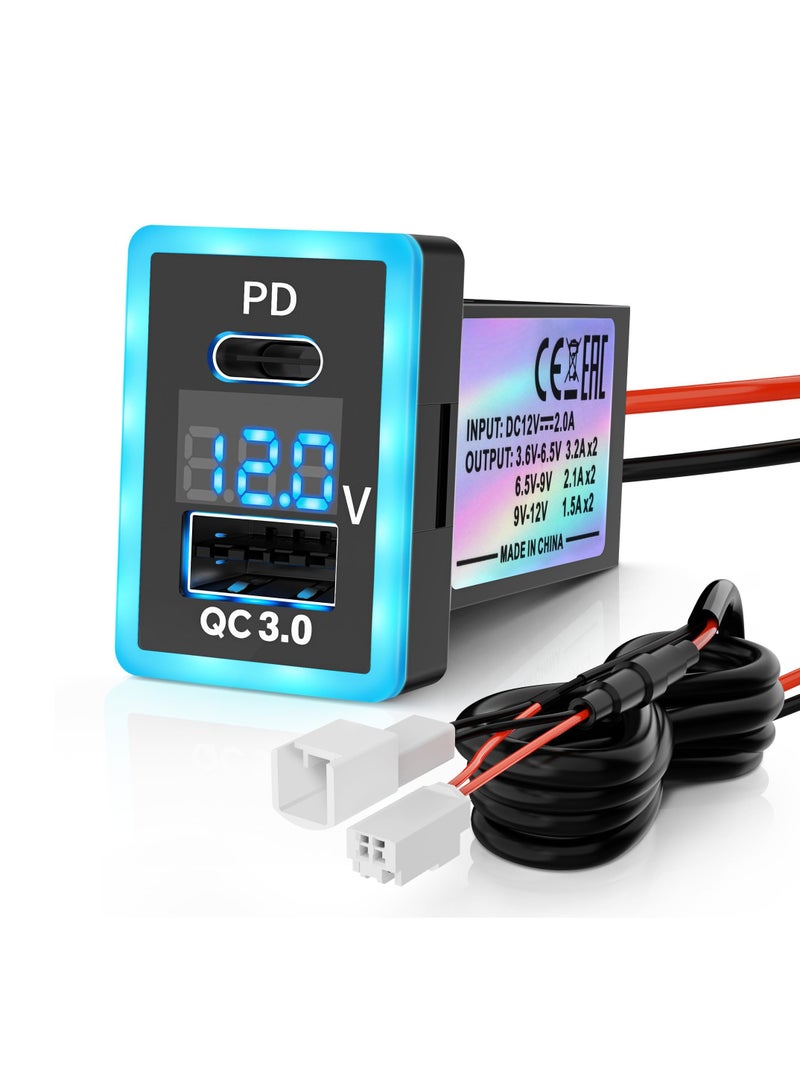 PD+QC3.0 Dual USB Car Charger Fit for Toyota, Type C USB Port Socket Fast Charging with LED Voltage Display & Frame Light, Car Power Socket Fit for Cellphone PDA Laptop GPS (1.3''×0.9'')