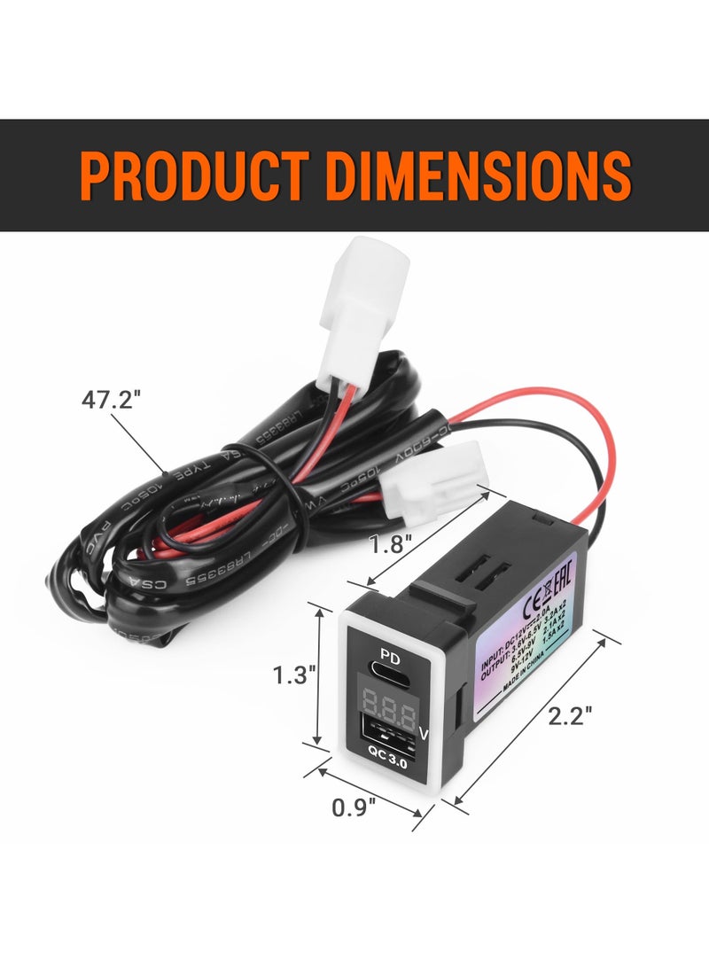 PD+QC3.0 Dual USB Car Charger Fit for Toyota, Type C USB Port Socket Fast Charging with LED Voltage Display & Frame Light, Car Power Socket Fit for Cellphone PDA Laptop GPS (1.3''×0.9'')