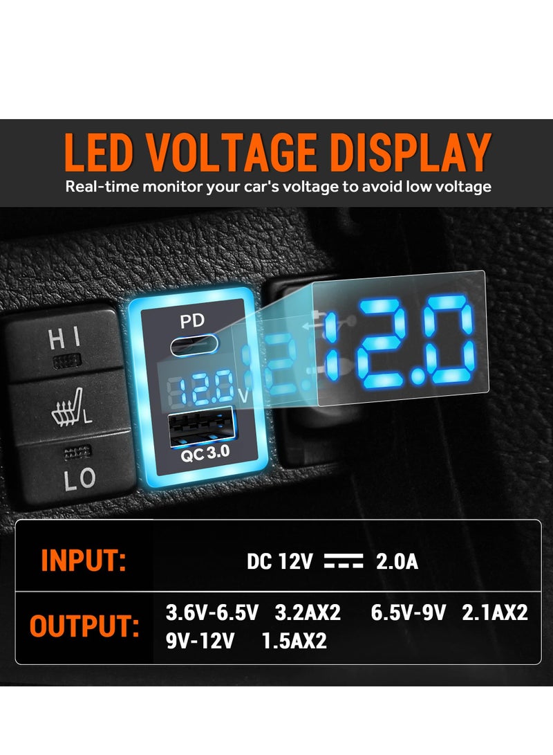 PD+QC3.0 Dual USB Car Charger Fit for Toyota, Type C USB Port Socket Fast Charging with LED Voltage Display & Frame Light, Car Power Socket Fit for Cellphone PDA Laptop GPS (1.3''×0.9'')